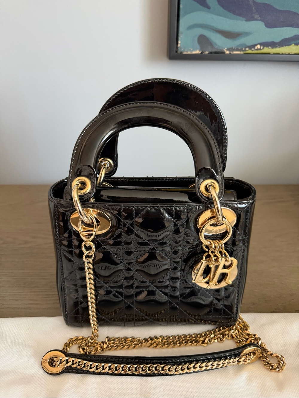 Dior Black Patent Mini Lady Bag with Gold Hardware